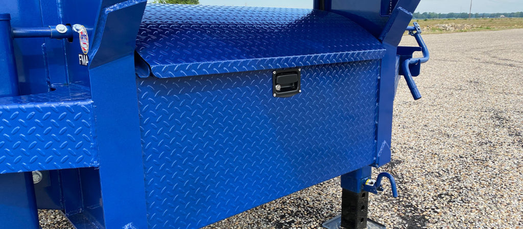 Diamond Plate Neck Box w/ Gas Shock Assisted Lid as an option on a gooseneck trailer 