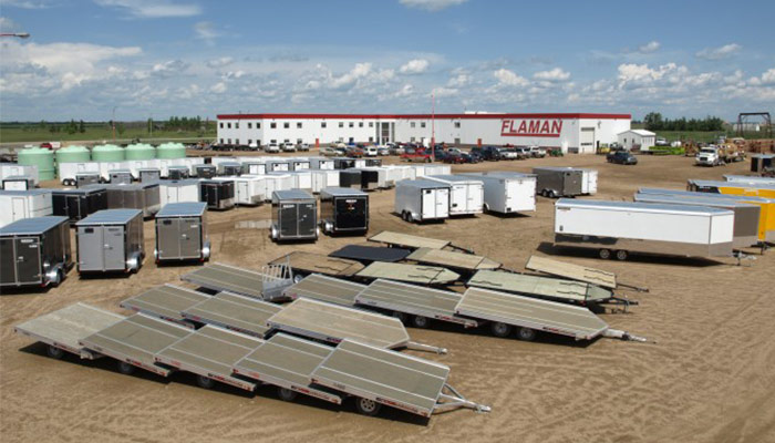 An aerial view of the Saskatoon Flaman Trailer Sales dealership.