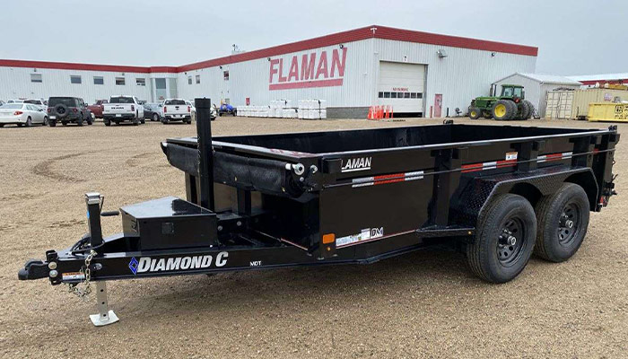A Diamond C dump trailer at Saskatoon Flaman Trailer Sales.